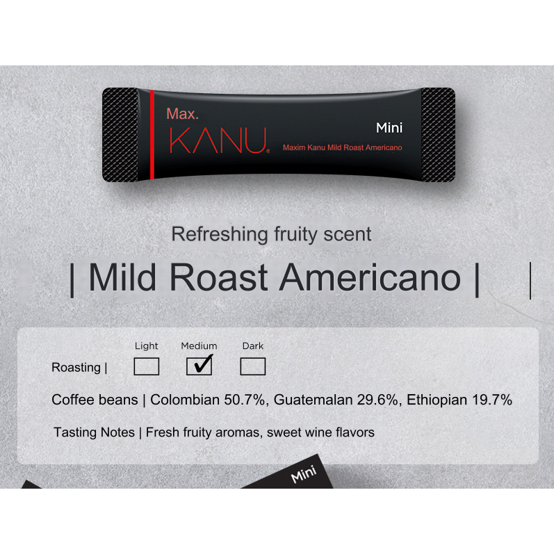 MAXIM Kanu Mini Americano Dark Roast ผงกาแฟคุณภาพสูงสกัดสไตล์เอสเปรสโซ / Mild Roast / ไม่มีคาเฟอีน 9g * 10 แท่ง / K-FOOD
