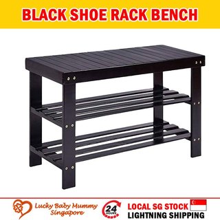 Black Bamboo Shoe Rack Bench/Seat Wearing Taking off Shoes Strong Organizer