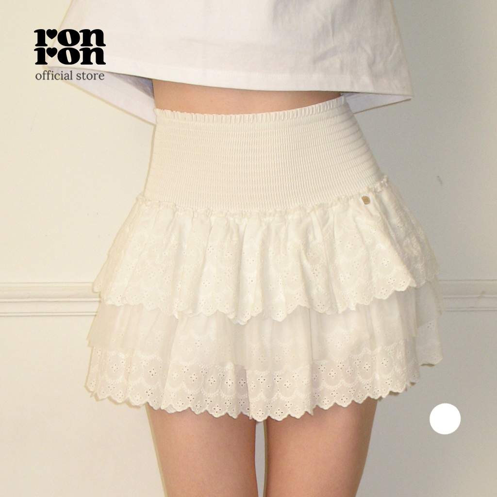 [RONRON] SMOCKED LACE CANCAN RUFFLE PANTSKIRT / WHITE