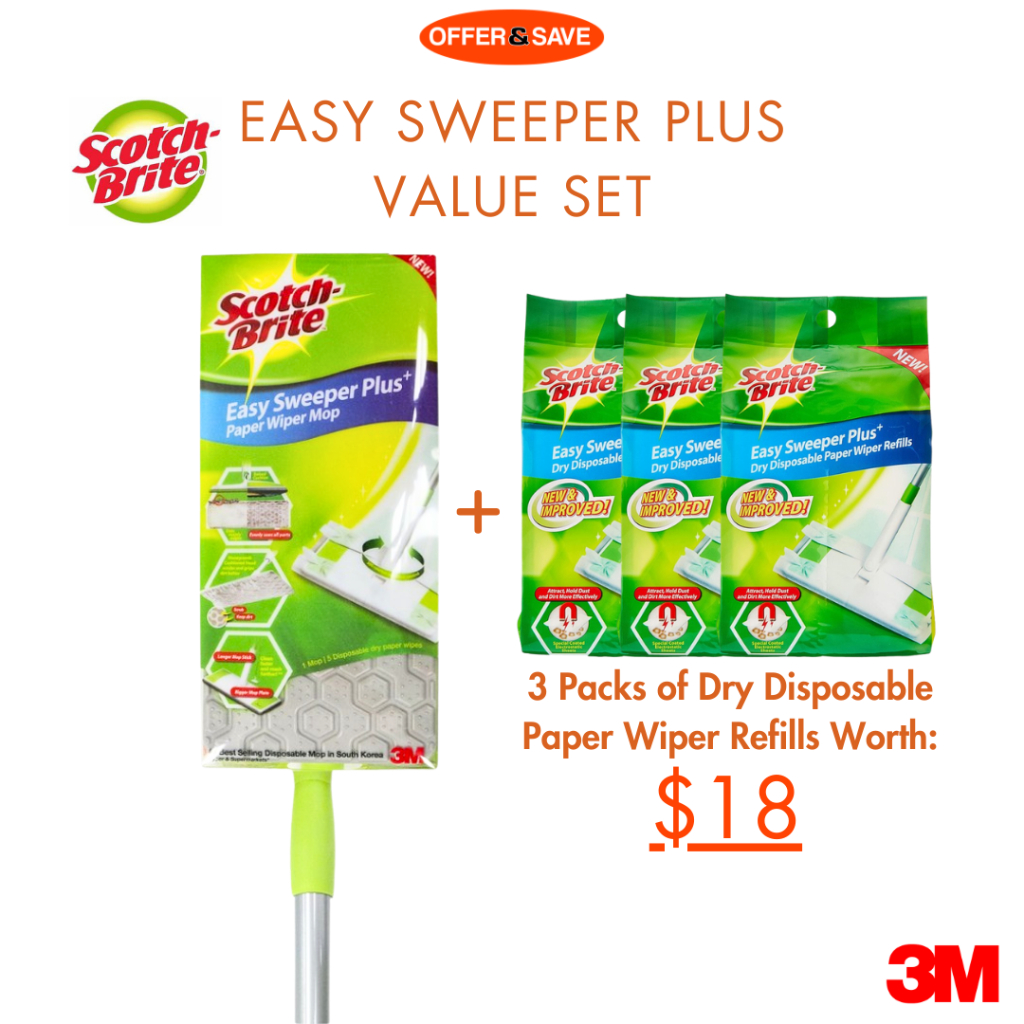 3m Scotch Brite Easy Sweeper Plus Starter Kit + Easy Sweeper Dry Refills (3 X 20 แผ่น) แพ็คคุ้มค่า [