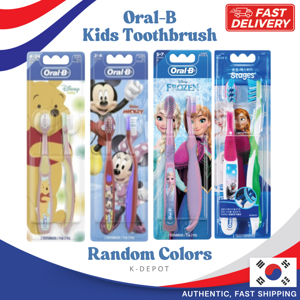[Oral‐B] แปรงสีฟันสําหรับเด็กแบบใช้มือ 2 แพ็ค – แปรงสีฟันตัวละครดิสนีย์ (พูห์, แช่แข็ง) ขนแปรงนุ่มพิเศษ