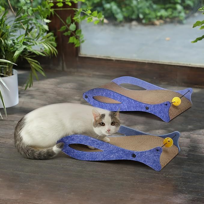 FUKUMARU Cat Scratcher 17.3 x 9.2 นิ้วแผ่นลับเล็บแมวรูปปลา, Cat Scratching Cardboard Lounge