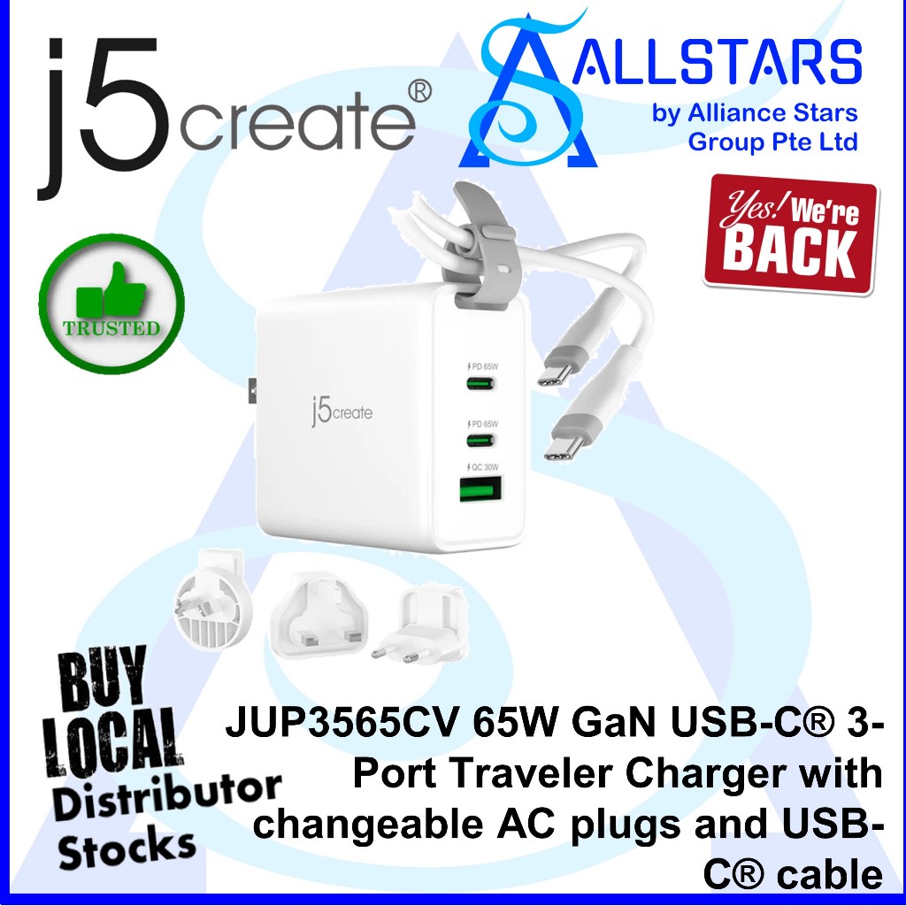 (ALLSTARS) J5create JUP3565CV 65W GaN USB-C 3-Port Traveler Charger พร้อมปลั๊ก AC เปลี่ยนได้ (รับประ