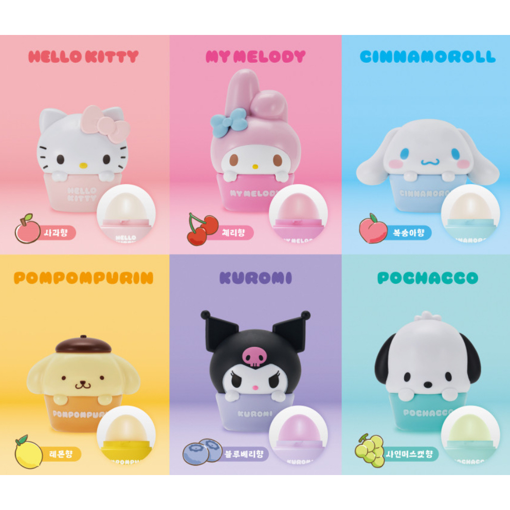 [Sanrio] Lip Balm Kuromi Hello Kitty My Melody Cinnamoroll /Cherry /Peach /Apple Shea Butter Vitamin E