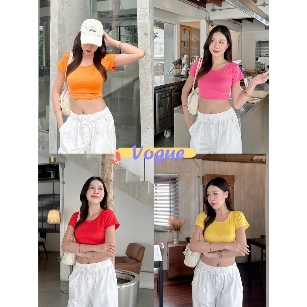 Vogue พร้อมส่ง เสื้อครอปแขนสั้น คอกบม สีสดใสแจ่ม ยืดตามผ้าลื่นๆ (TKS-2)
