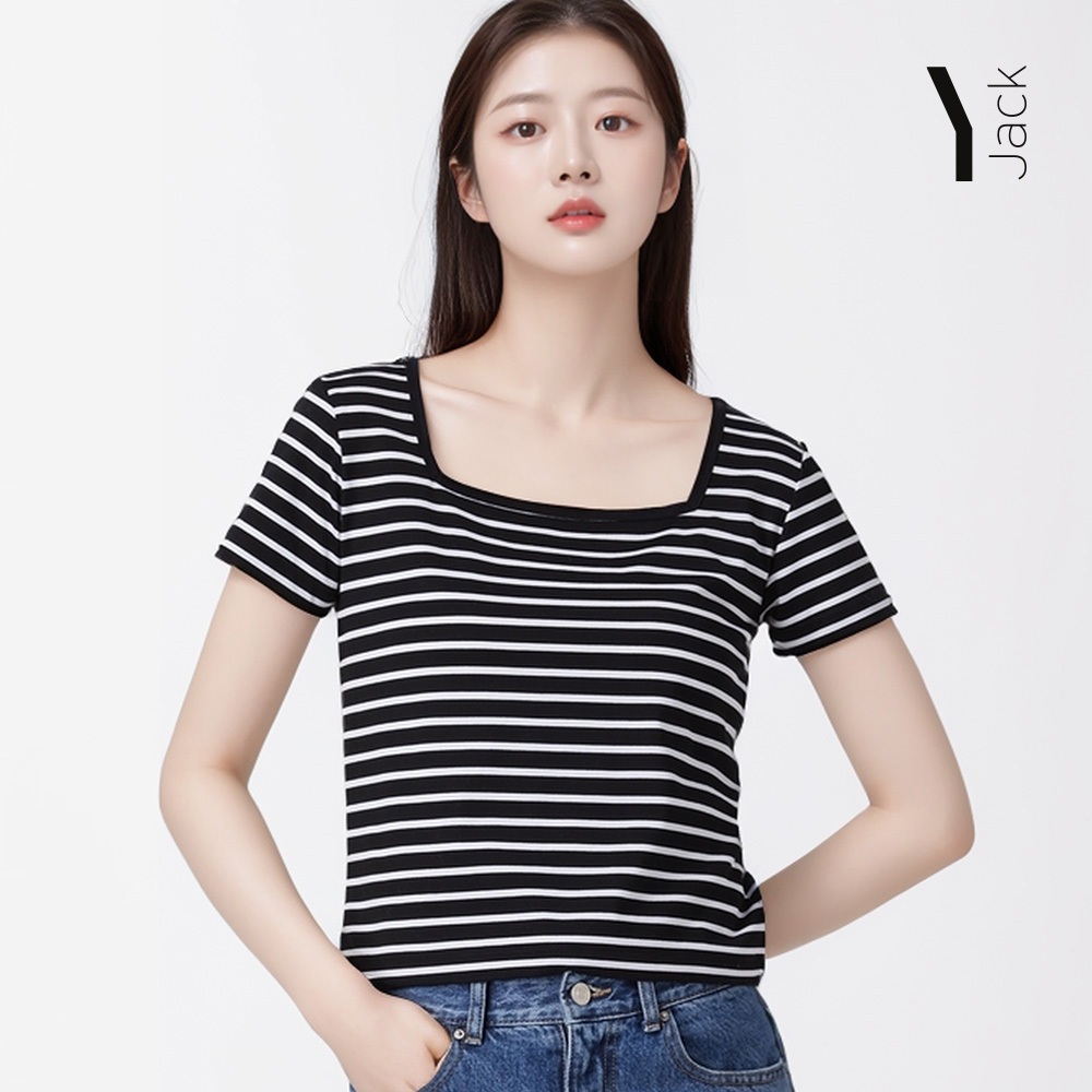 [JACK] เสื้อยืดแขนสั้นลายทางคอเหลี่ยม (180gsm)