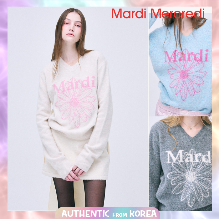 Authentic ของแท้จากเกาหลี | MARDI MECREDI สําหรับผู้หญิง RACCOON BLENDED V NECK FLOWER[ Authentic ] 