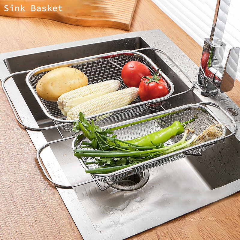 Stainless Steel Extendable Sink Basket Adjustable Over-Sink Strainer for Draining Drying Rack