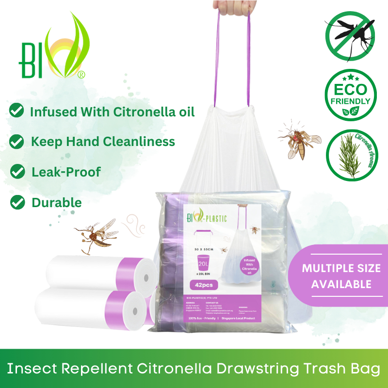 [มาใหม่] BIO ย่อยสลายได้ไล่แมลง Citronella Drawstring ถังขยะพลาสติกถุงขยะ Bin Liner 10L 20L 50L