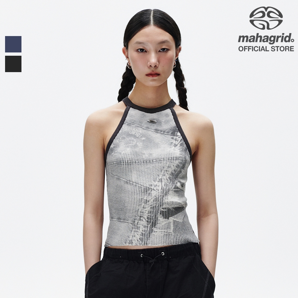 [MAHAGRID Woman] Denim Printing Halter Knit_Unisex_สไตล์เกาหลี