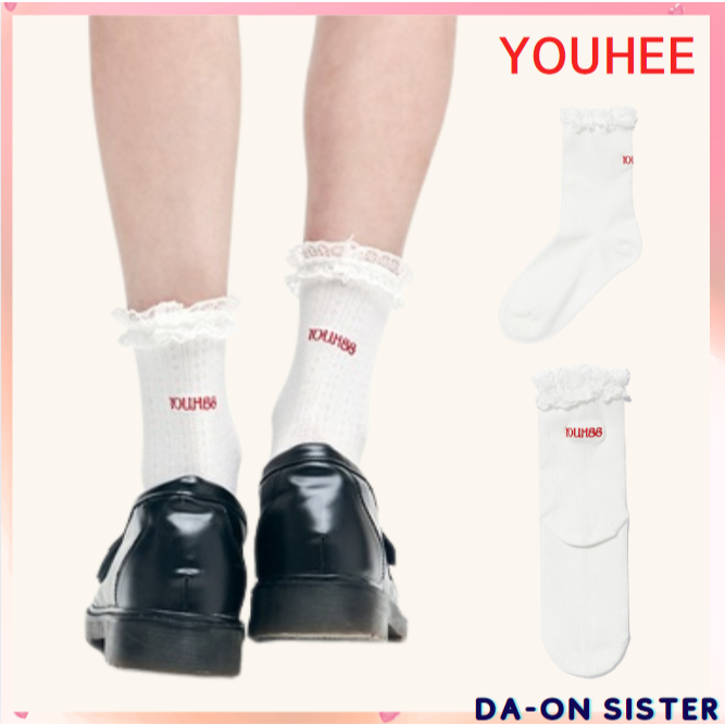 [ Youhee ] LACE DETAILED LOGO SOCKS WHITE KOREA แท้ 100%