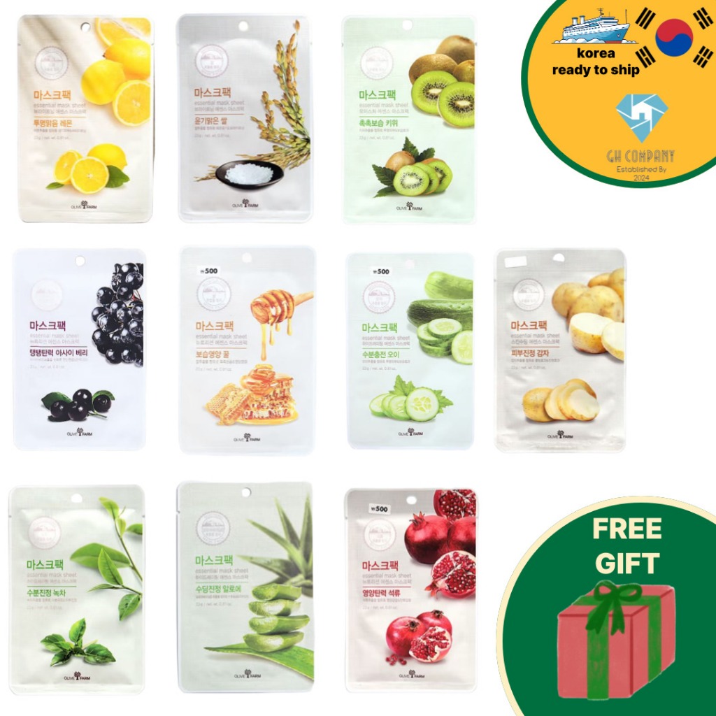 Korea Olive Farm Essential Mask Sheet 10 ชนิด (กีวี แตงกวา ทับทิม ข้าว ชาเขียว Acai Berry, Lemon, Al