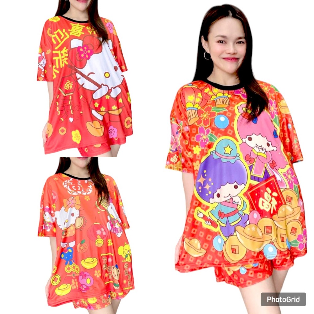 CNY 2025 ชุดนอนสตรีขาสั้น Sanrio Hello Kitty Twin Stars LTS