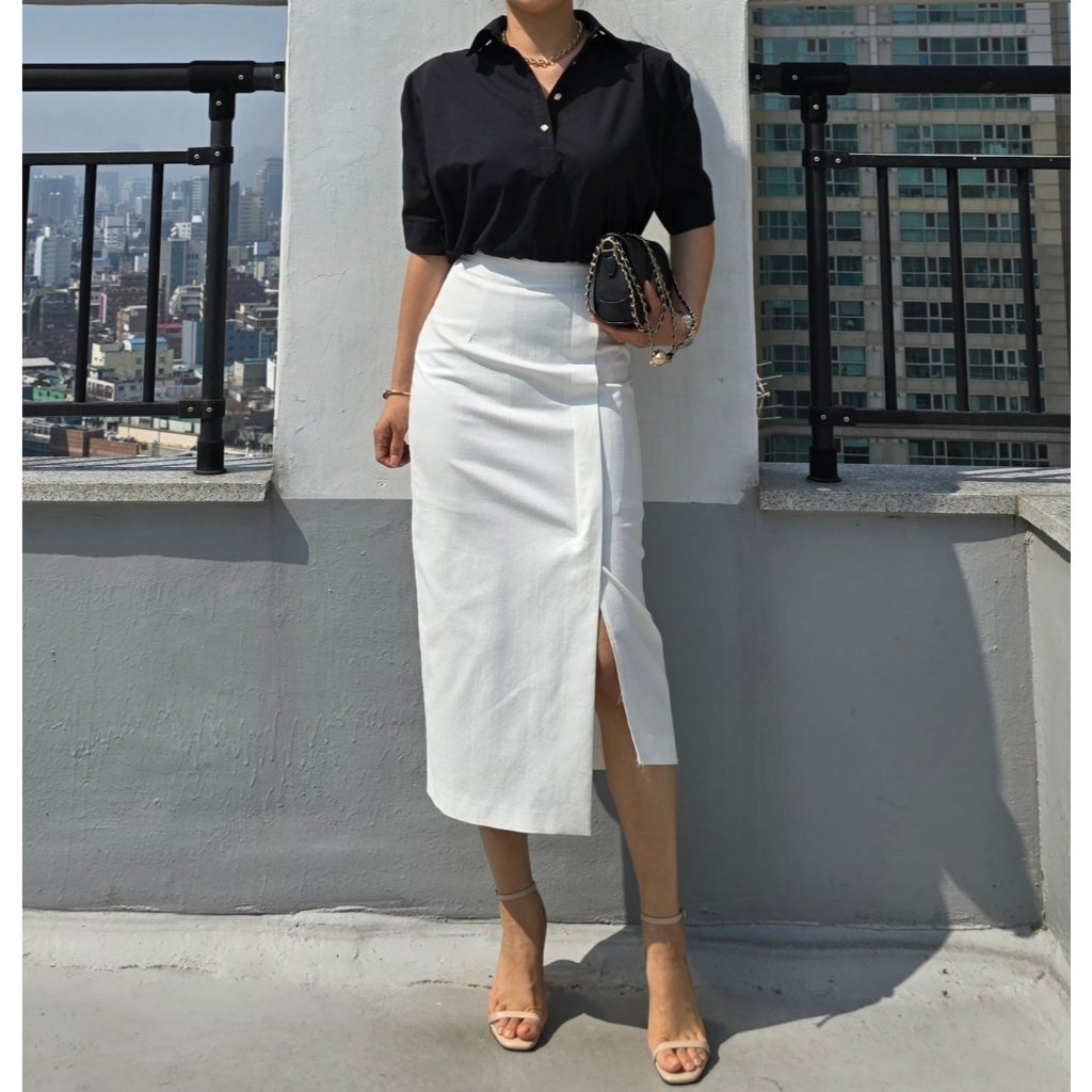 Solla กระโปรงยีนส์ผ่าไม่สมมาตร | กระโปรงยาวสตรีทลําลองผู้หญิงเกาหลี