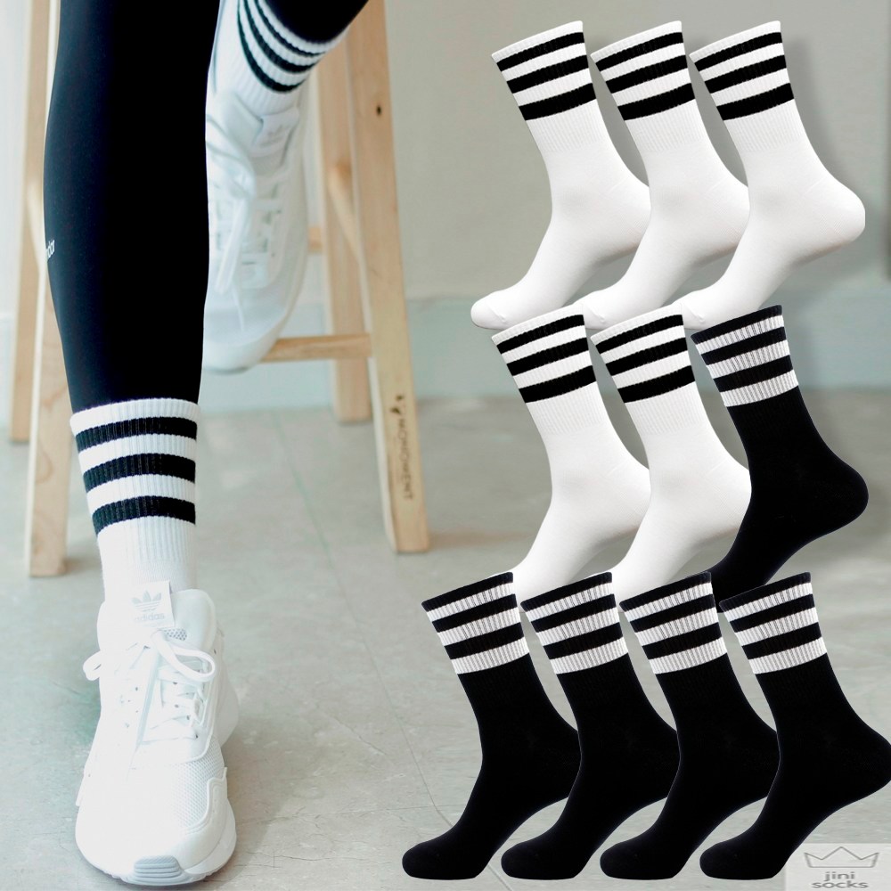 Genie Socks 100% Made in Korea ถุงเท้ายาวปานกลางสามบรรทัดสําหรับผู้ชายและผู้หญิง (10 คู่)