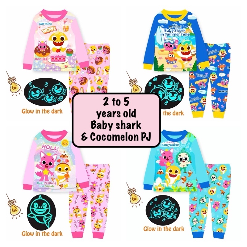 [SG SELLER] Kids baby Glow in the dark แขนยาว cupling me pijamas ชุดนอนชายหญิงเด็ก shark bebefinn co
