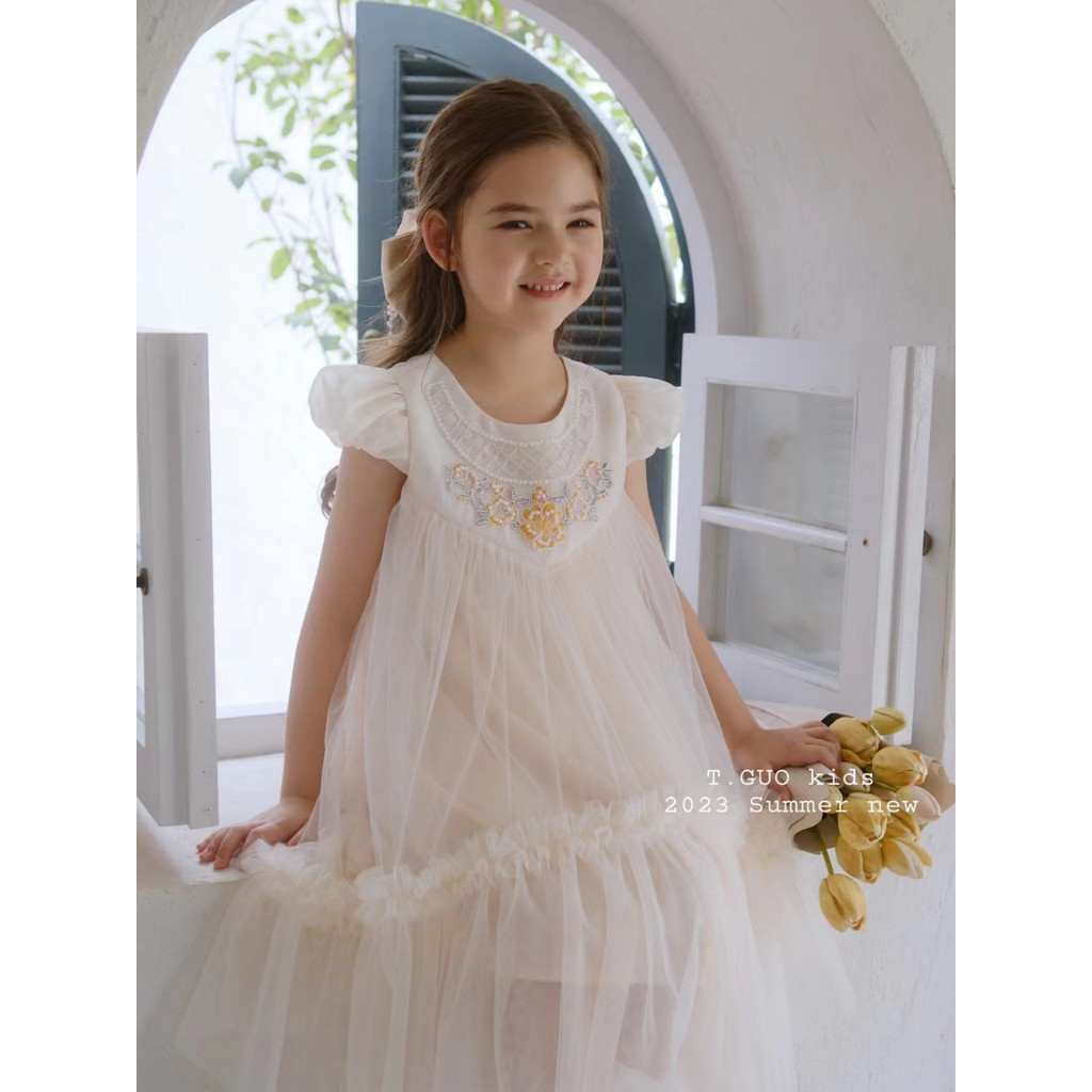 ชุดเด็กผู้หญิง น่าระทึกใจ แขน ชุดเด็กชุดปักครีม/สีชมพูสไตล์มินิมอลดอกไม้สาวชุดชุดเจ้าหญิงสําหรับวันเกิดเหตุการณ์งานแต่งงาน