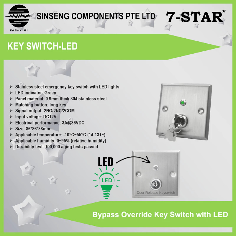 7-STAR* LED Bypass Override Key Switch Key Release สําหรับควบคุมการเข้าถึงประตู/เครื่องอ่านไบโอเมตริ