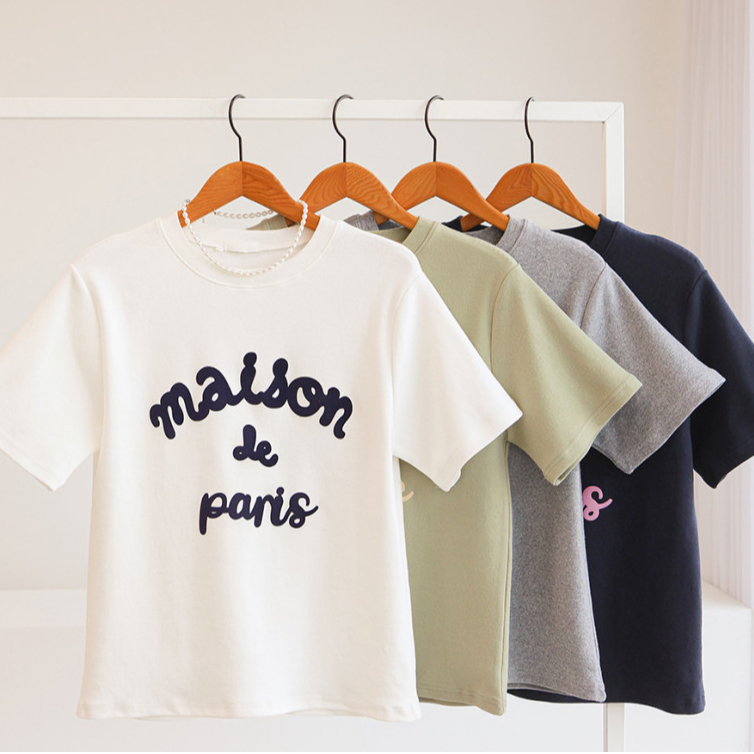เสื้อยืดแขนสั้นผ้ายืดตัวอักษร LAMAISON Velvet | เสื้อยืดลําลองทรงสลิมฟิต | เสื้อท็อปฤดูร้อนเกาหลีสํา