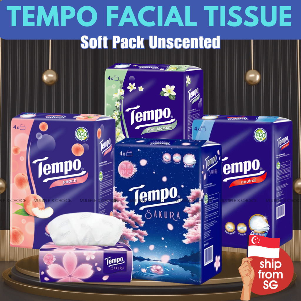 Tempo Unscented & Scented Facial Tissue - Soft Pack 4-Ply, 90 แผ่น, 4 แพ็ค