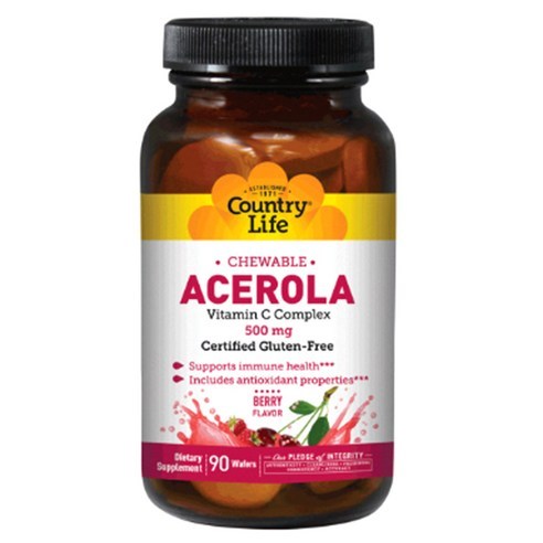 Country Life Chewable Acerola Vitamin C 500mg เวเฟอร์ รสเบอร์รี่ ปราศจากกลูเตน ไม่ใช่จีเอ็มโอ 90 เวเ