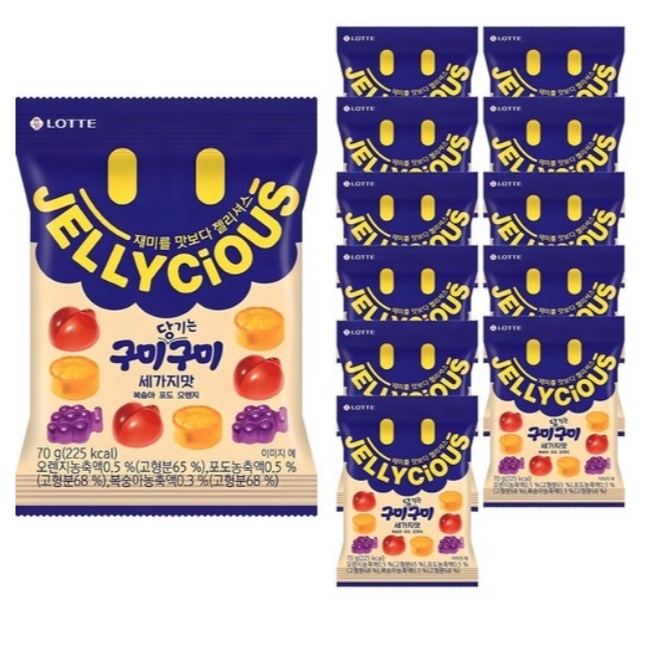 เกาหลี Lotte Wellfood Jellycious Gumi สามรสชาติ Gumi 70g 12ea