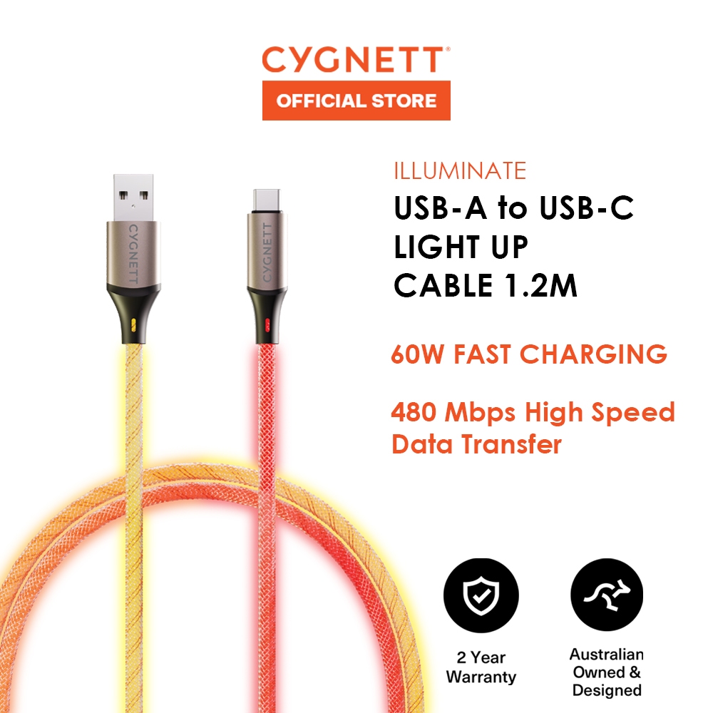 Cygnett ILLUMINATE USB-A to USB-C Light Up 60W สายชาร์จเร็ว 1.2m