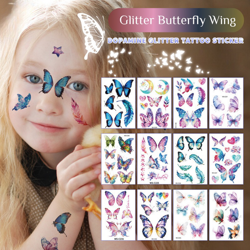 Spot Delivery·Glitter Butterfly WS-C221-C244 Tattoo Sticker 120*76mm Butterfly wing flower chips Kid