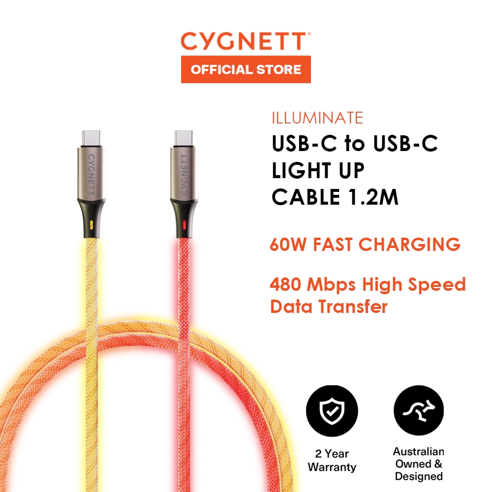 Cygnett ILLUMINATE USB-C to USB-C Light Up 60W สายชาร์จเร็ว 1.2m