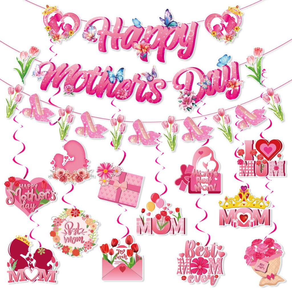 Mother Day Decoration Party Supply, Happy Mothers Day Banner Swirls