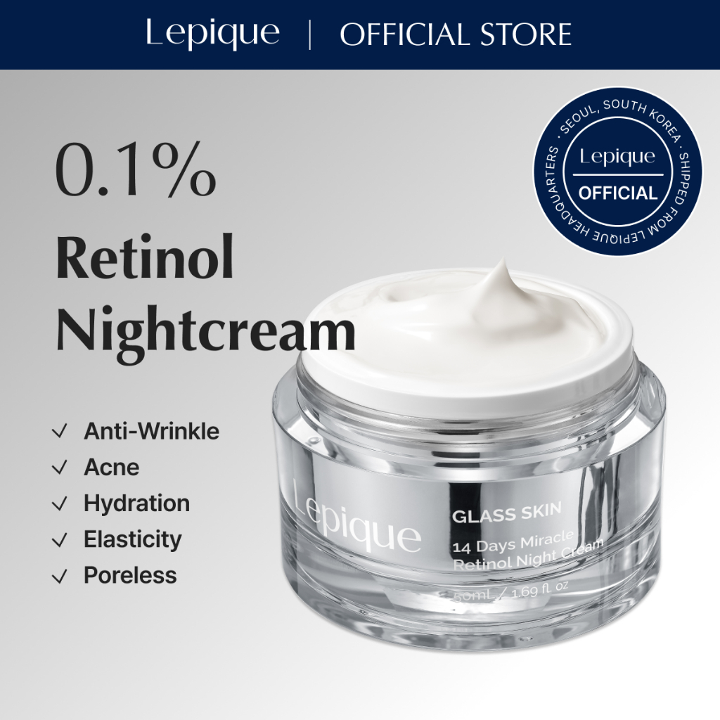 Lepique Glass Skin 14Days Miracle Retinol Night Cream 1.69oz - Korean Skincare Retinol Serum for Face and Neck - Collagen, Centella - ครีมบํารุงผิวต่อต้านวัย, ครีมบํารุงผิวหน้ามอยส์เจอร์ไรเซอร์