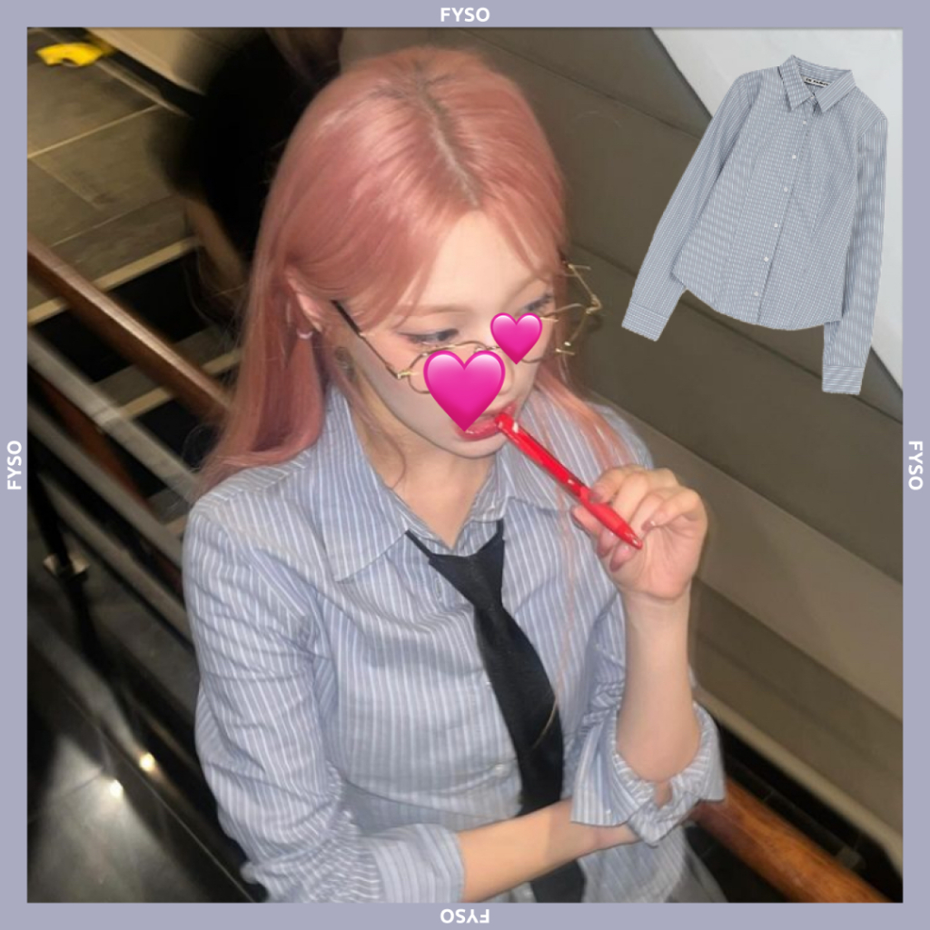 [BLACKUP / แฟชั่นเกาหลี] เสื้อเชิ้ตทรงเข้ารูปลายทาง – ใส่โดย Baek Jiheon (fromis_9) รุ่น Haitte