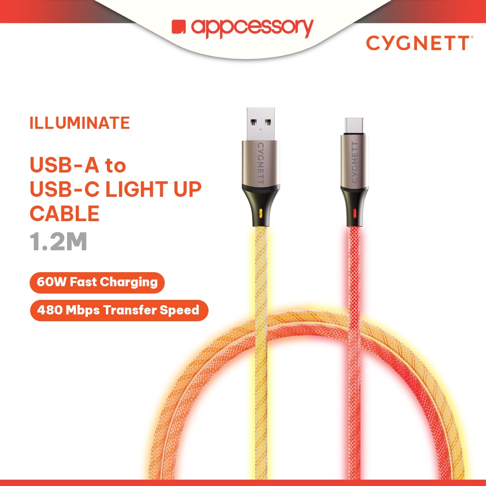Cygnett ILLUMINATE USB-A to USB-C Light Up 60W สายชาร์จเร็ว 1.2m