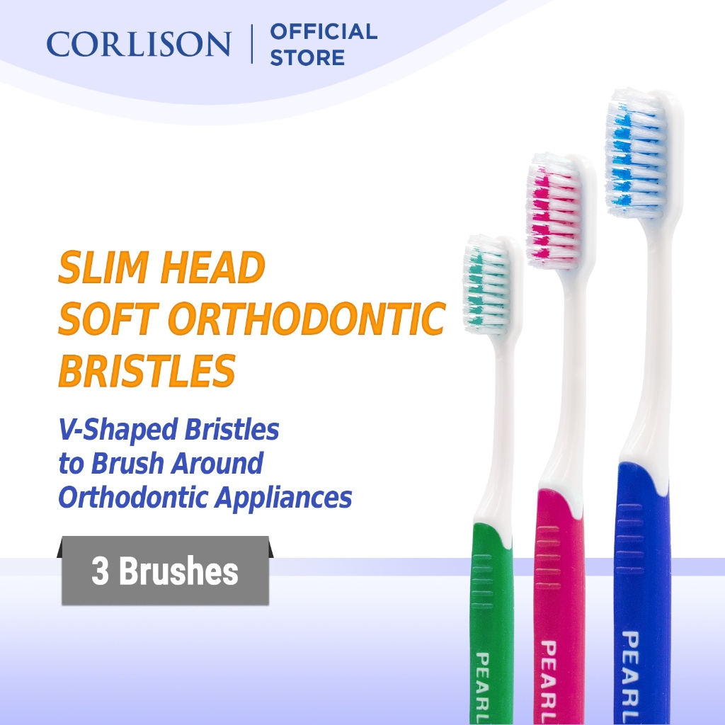 Pearlie White BrushCare Ortho Ortho Orthodontic Soft แปรงสีฟัน Triple Pack