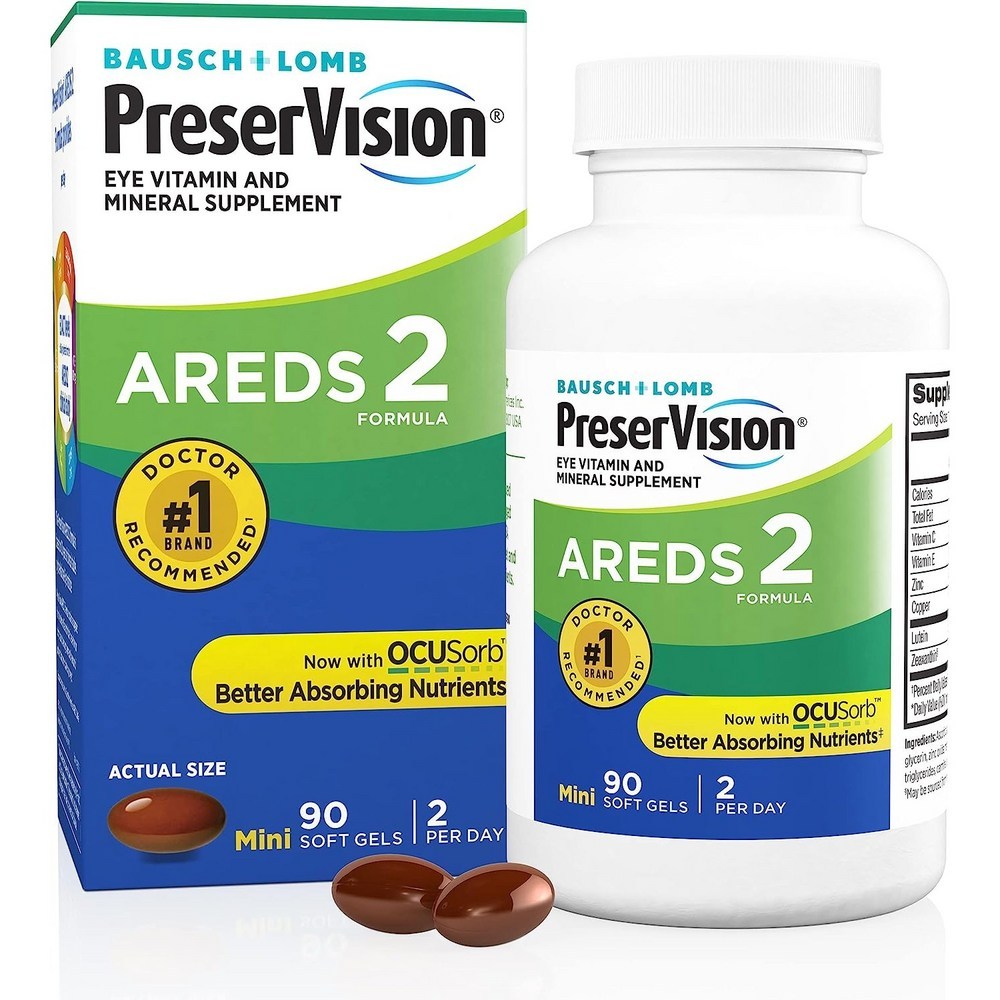 Bausch + Lomb PreserVision Eye วิตามินและแร่ธาตุเสริม AREDS 2 ซอฟท์เจล 90 นับผลิตในสหรัฐอเมริกา
