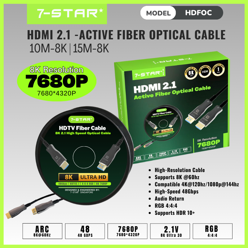 7-STAR* สาย HDMI ไฟเบอร์ออปติก 8K V2.1 – 10M/15M 8K@60Hz, 4K@120Hz, 48Gbps AOC Active Optical Cable 