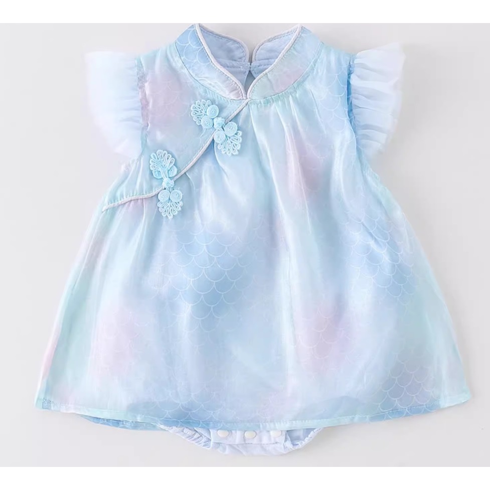 เด็กผู้หญิง Mermaid แรงบันดาลใจแบบดั้งเดิม Cheongsam Qipao Dress Romper Ombre Blue [Little Gems]