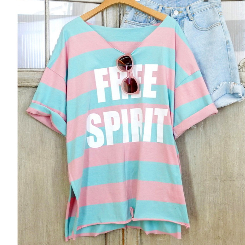 Spirit Lettering Deep V คอ Colorblock Stripe เสื้อยืดผู้หญิงขนาดใหญ่เกาหลี