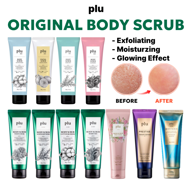 Plu Original 3 in 1 Body Scrub - White Musk, Berry Mix, Rosemary Herb, Cotton Blossom, Pink Floral Exfoliating and Moisturizing, Body and Food Care
