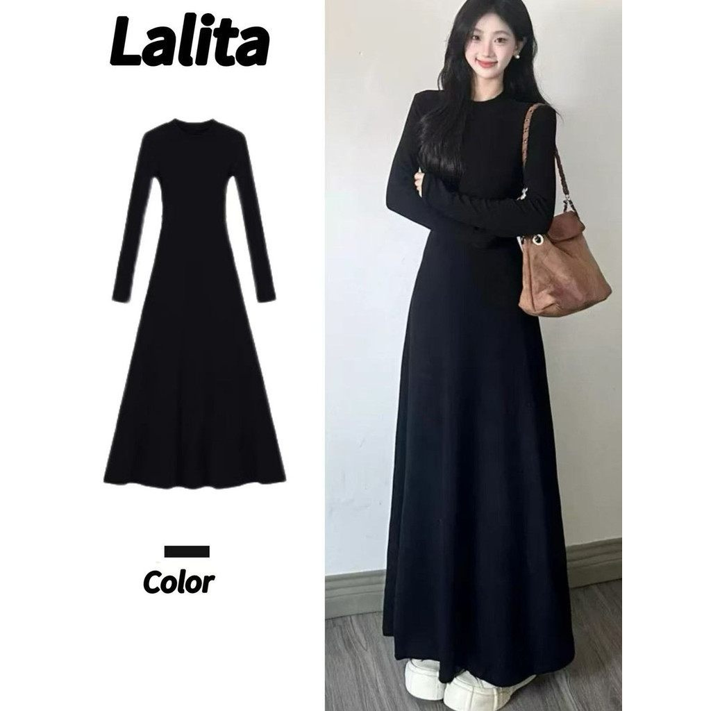 Lalita ผู้หญิงกระโปรงยาวสีดํา Hepburn สไตล์เกาหลีรุ่นเซ็กซี่สีดํา Retro แฟชั่นชุดสีดําเซ็กซี่  สไตล์ ผ้านิ่มทรงสวย