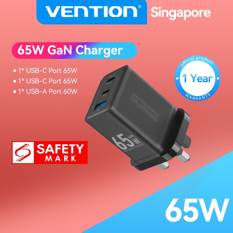 Vention 65W GaN Charger UK Plug 3 พอร์ต Turbo Charging Power Adapter QC4.0 PD 3.0 Fast Charger