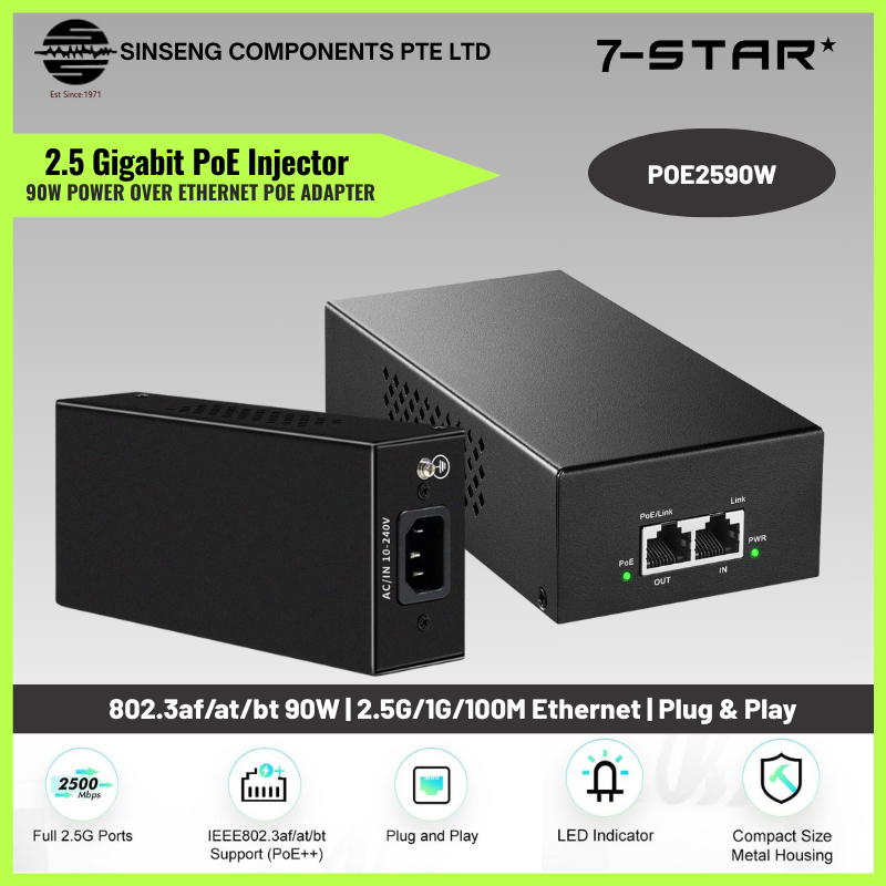 7-STAR* 90W 2.5G PoE อะแดปเตอร์หัวฉีด – อะแดปเตอร์ 802.3bt PoE++ – DC55V 1.63A สําหรับ 1G/2.5G/10G A