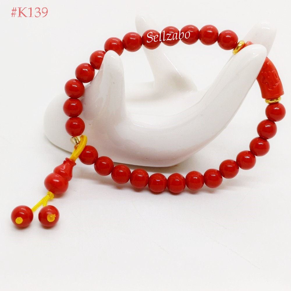 K139 6 มม.ลูกปัดสีแดง Gourd สร้อยข้อมือสีแดงลูกปัดโลหะโลหะ ยืดเปราะบาง Merah Batu Manik Anjal Gelang