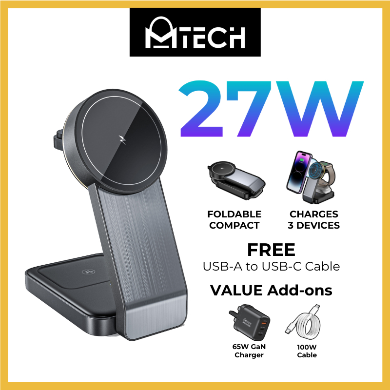 MTech MagTri Qi2.2 25W แท่นชาร์จไร้สาย 3 in 1 แท่นชาร์จสําหรับ iPhone, iWatch, AirPods