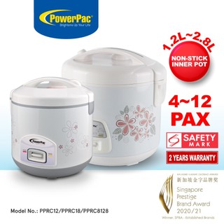 PowerPac RiceCooker with Steamer, Rice Cooker With Non-stick Pot 1.2L/1.8L/2.8L (PPRC12/PPRC18/PPRC8128)