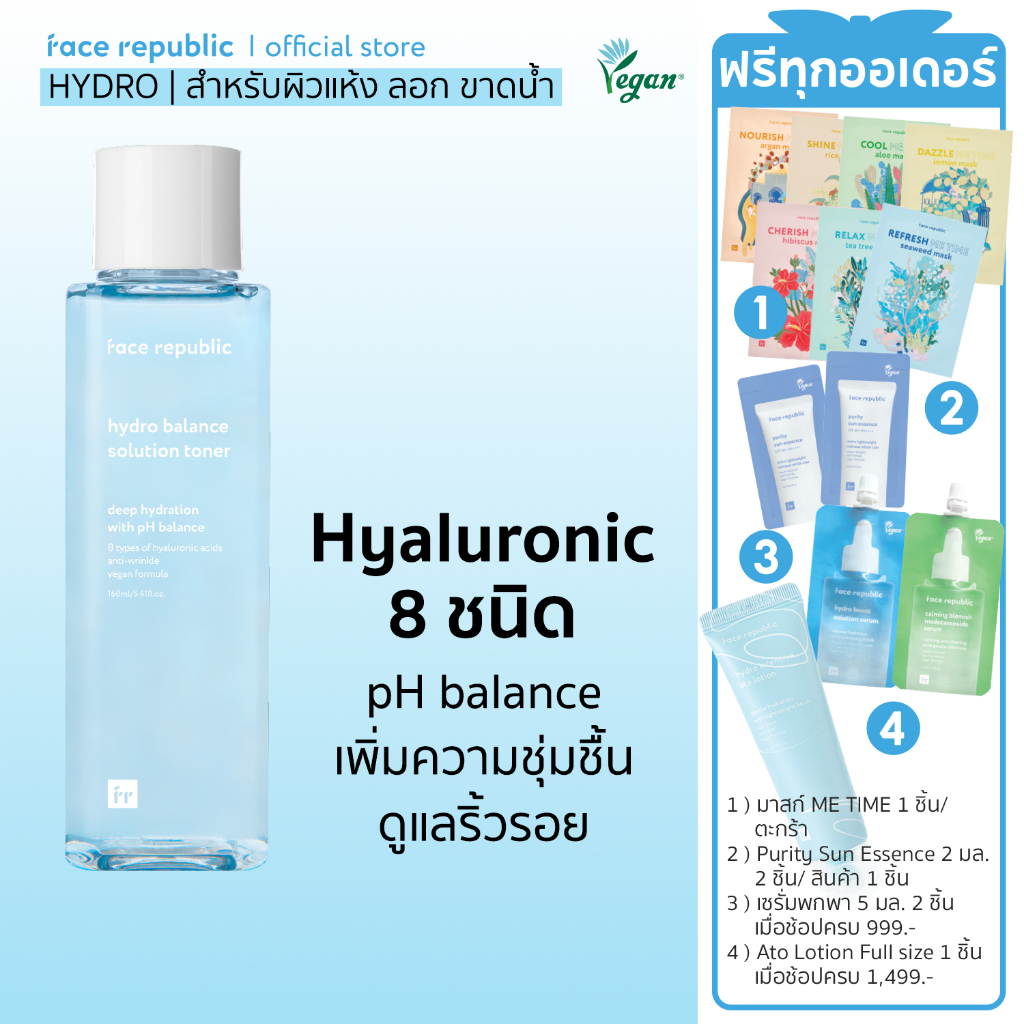 Face Republic โทนเนอร์ ไฮยาลูโรนิก 8 ชนิด ปรับสมดุลผิวหน้า 160 มล. ให้ความชุ่มชื้นล้ำลึกสำหรับผิวแห้ง ดูแลริ้วรอย