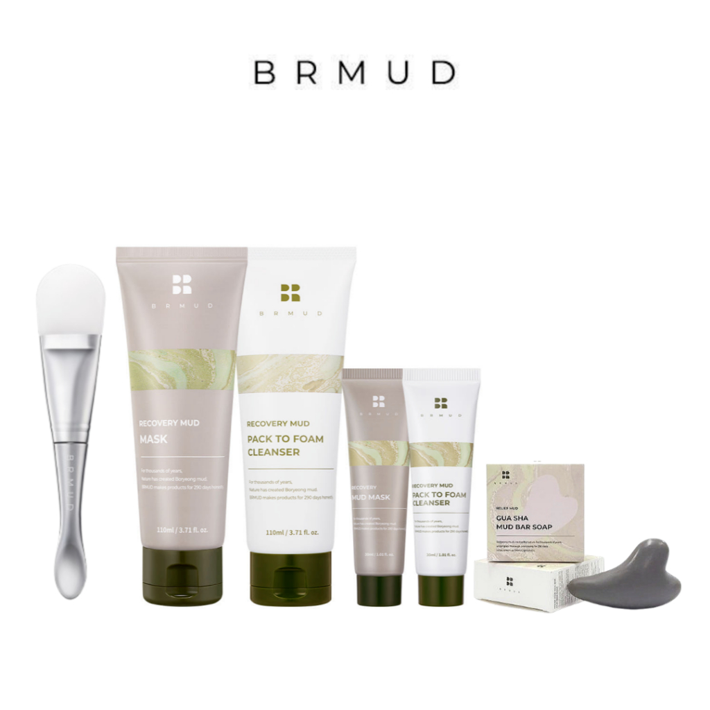 Brmud Recovery Mud Mask Pack / ลอกแพ็ค / ทําความสะอาดโคลน / สบู่โคลน GUA SHA / แปรงซิลิคอนแพ็ค | ชุดผิวเครื่องปั้นดินเผา | โคลนบอยอง
