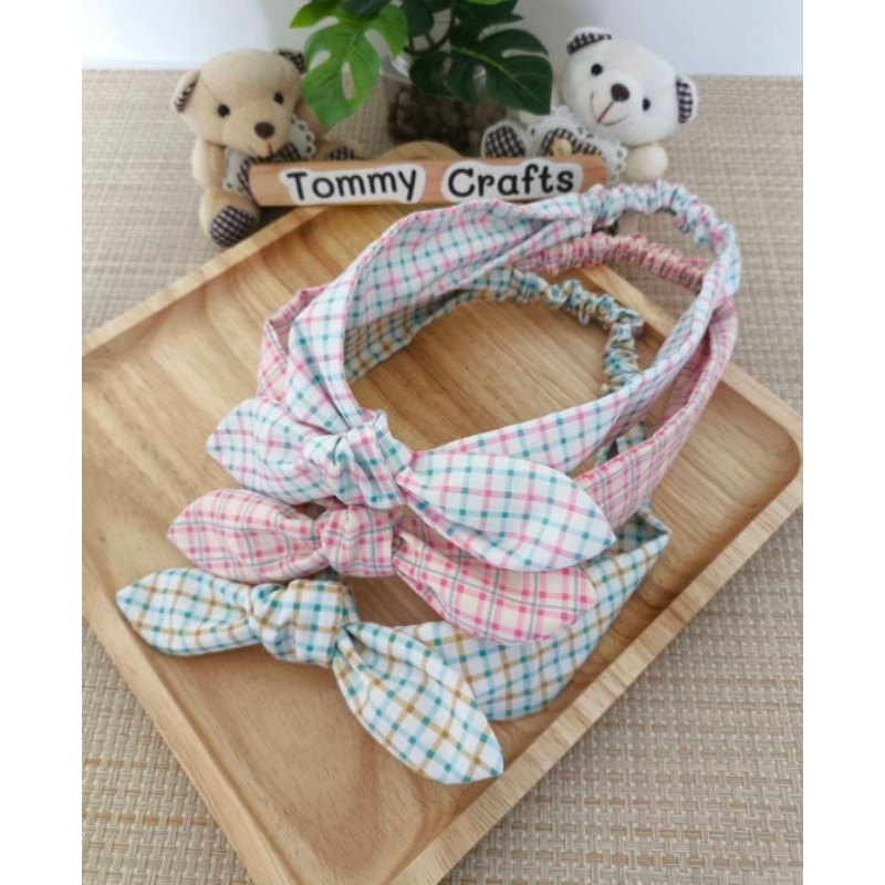 Tommy Crafts ผ้าคาดผมโบว์ผ้าคอตตอนทวิล ลายตารางหวานๆไซส์เด็ก/ไซส์ผู้ใหญ่ ลายชมพู/ฟ้า/เขียว Cotton twill Hairbands
