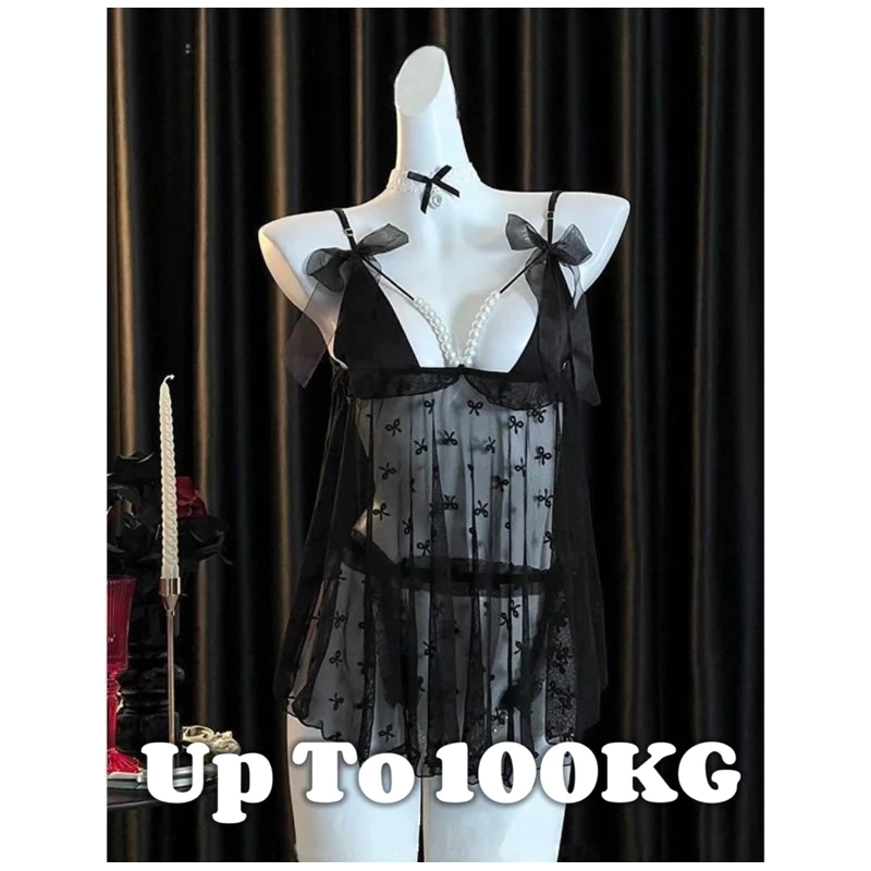 ขนาดบวกได้ถึง100กิโลกรัมผู้หญิง ไม่มีเป้า ชุดนอนชุดนอนลูกไม้โบว์ประดับด้วยลูกปัด ชุดนอน เร้าอารมณ์โปร่งใสเครื่องแต่งกายเปิด ชุดชั้นใน