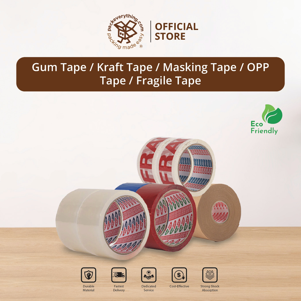 PACKEVERYTING Gum Tape Kraft Tape Masking Tape เทป OPP เทปเปราะบาง สีน้ําตาล / โปร่งใส ไม่มีเทป OPP 